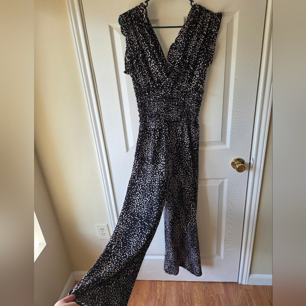 Max Studio Polka Dot Jumpsuit S Black White Flowy Ruffles